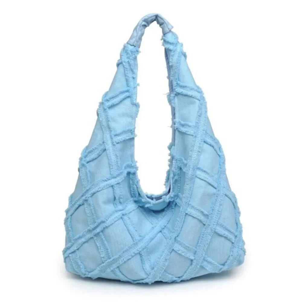 Urban Expressions Barbuda Cotton Fringe Hobo Handbag- Baby/Sky Blue